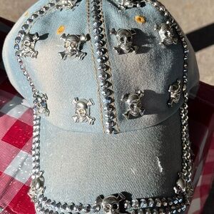 Studded Distressed Denim Skull Cap